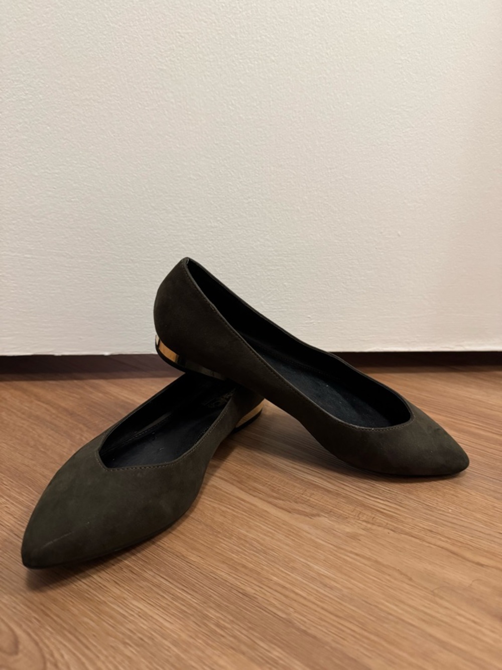Women’s Pointed Toe Ballet Flats in Dark Olive with Gold Trim